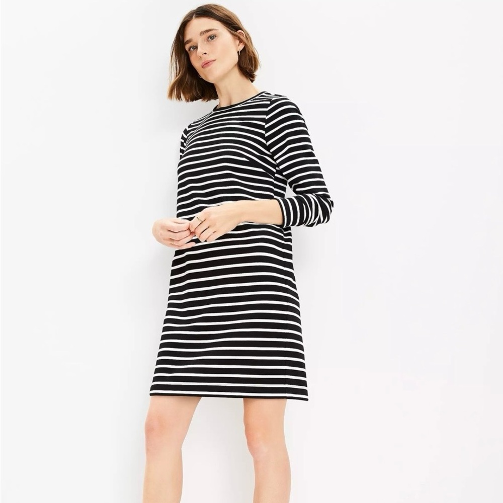 NWT Ann Taylor Loft Black & White Striped Ottoman Mock Neck Dress Size XL